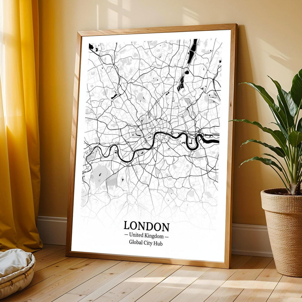 London Poster – Minimalist City Map Print, Black and White, Mixed Media