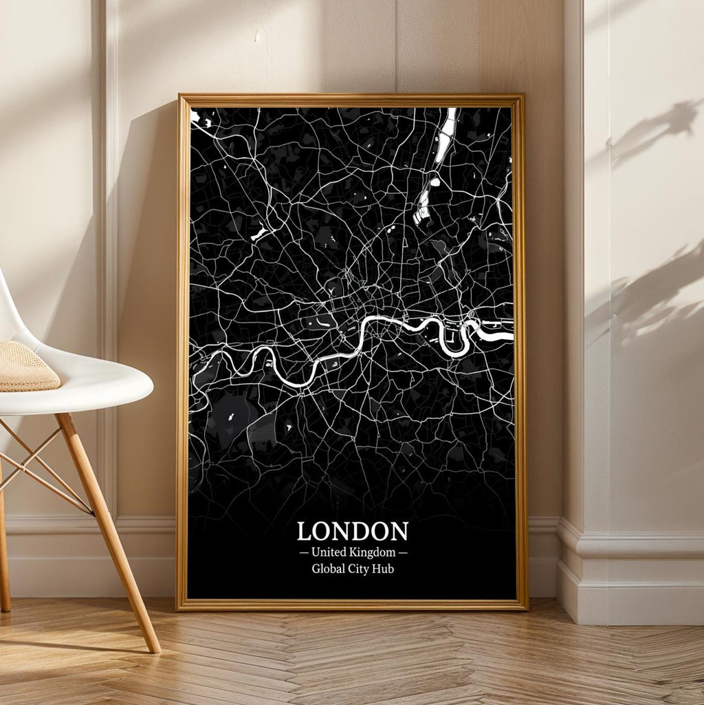 London Poster – Minimalist City Map Print, Black and White, Mixed Media