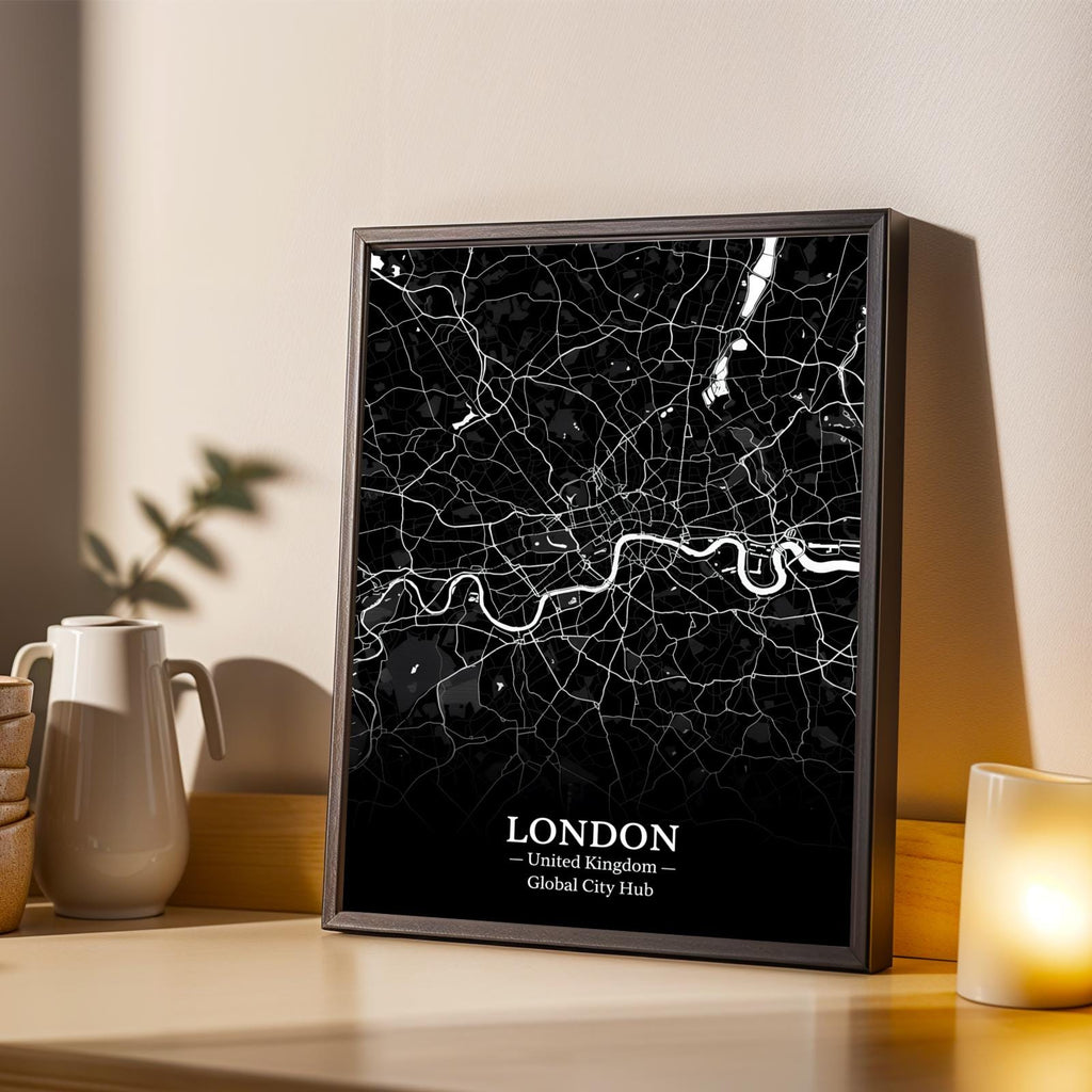 London Poster – Minimalist City Map Print, Black and White, Mixed Media