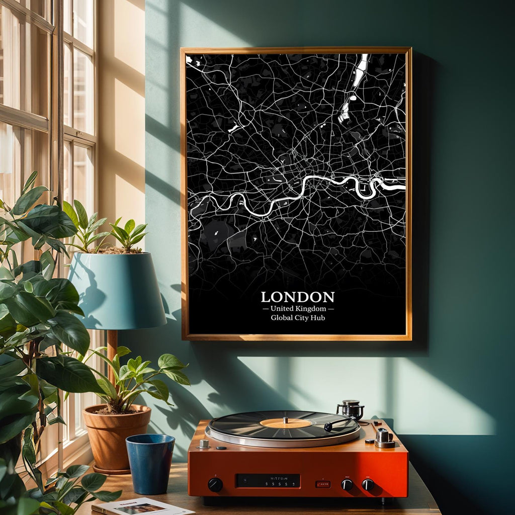 London Poster – Minimalist City Map Print, Black and White, Mixed Media