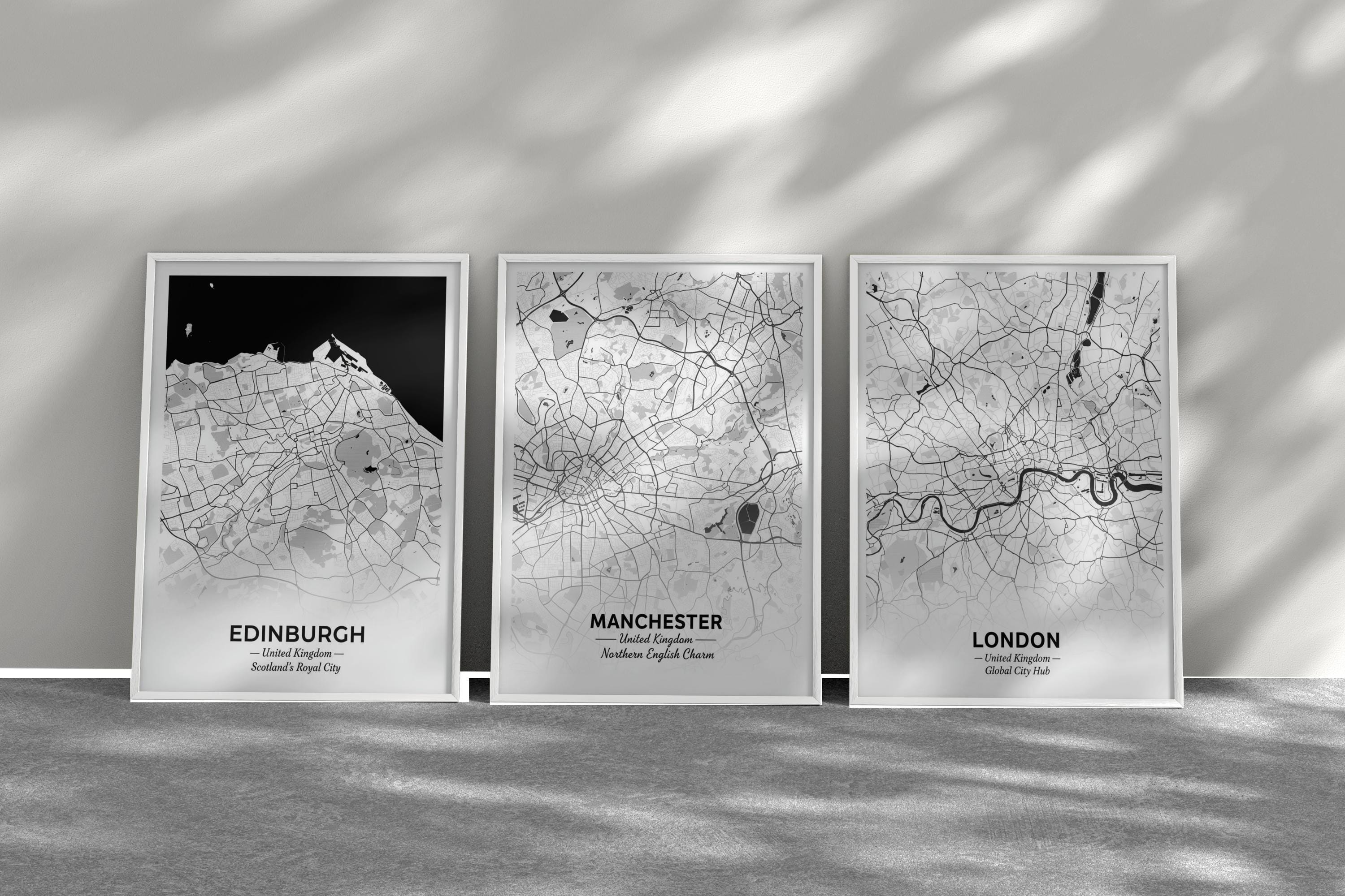 Set of 3 Edinburgh, Manchester, and London Travel Posters – Art Print, Black and White