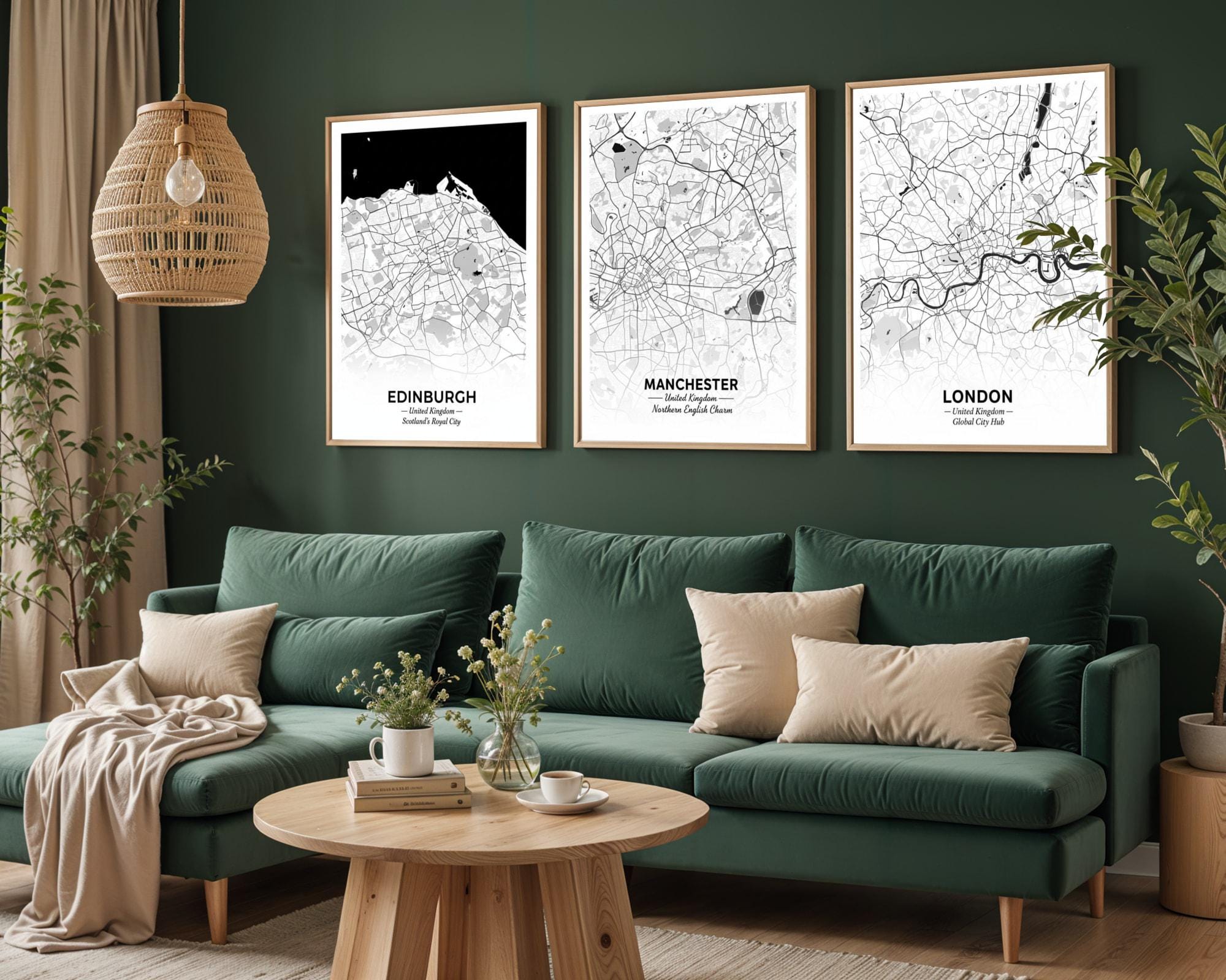 Set of 3 Edinburgh, Manchester, and London Travel Posters – Art Print, Black and White