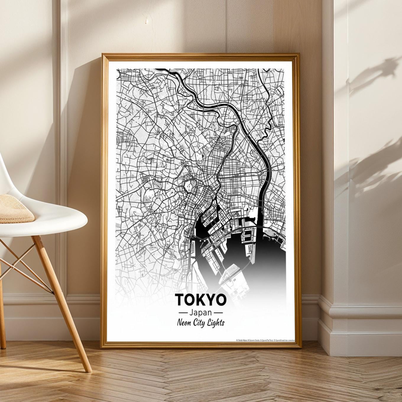 Tokyo Art Print – Minimalist City Map, Black and White Neon City Lights