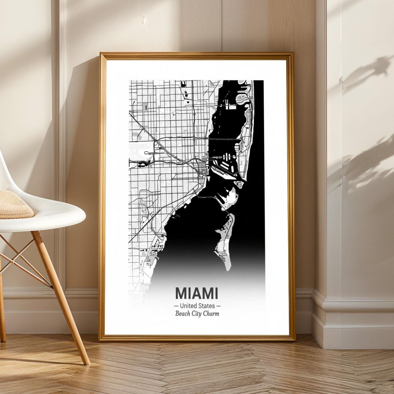 Miami Art Print – Minimalist, City Map of Miami with Black to White Gradient
