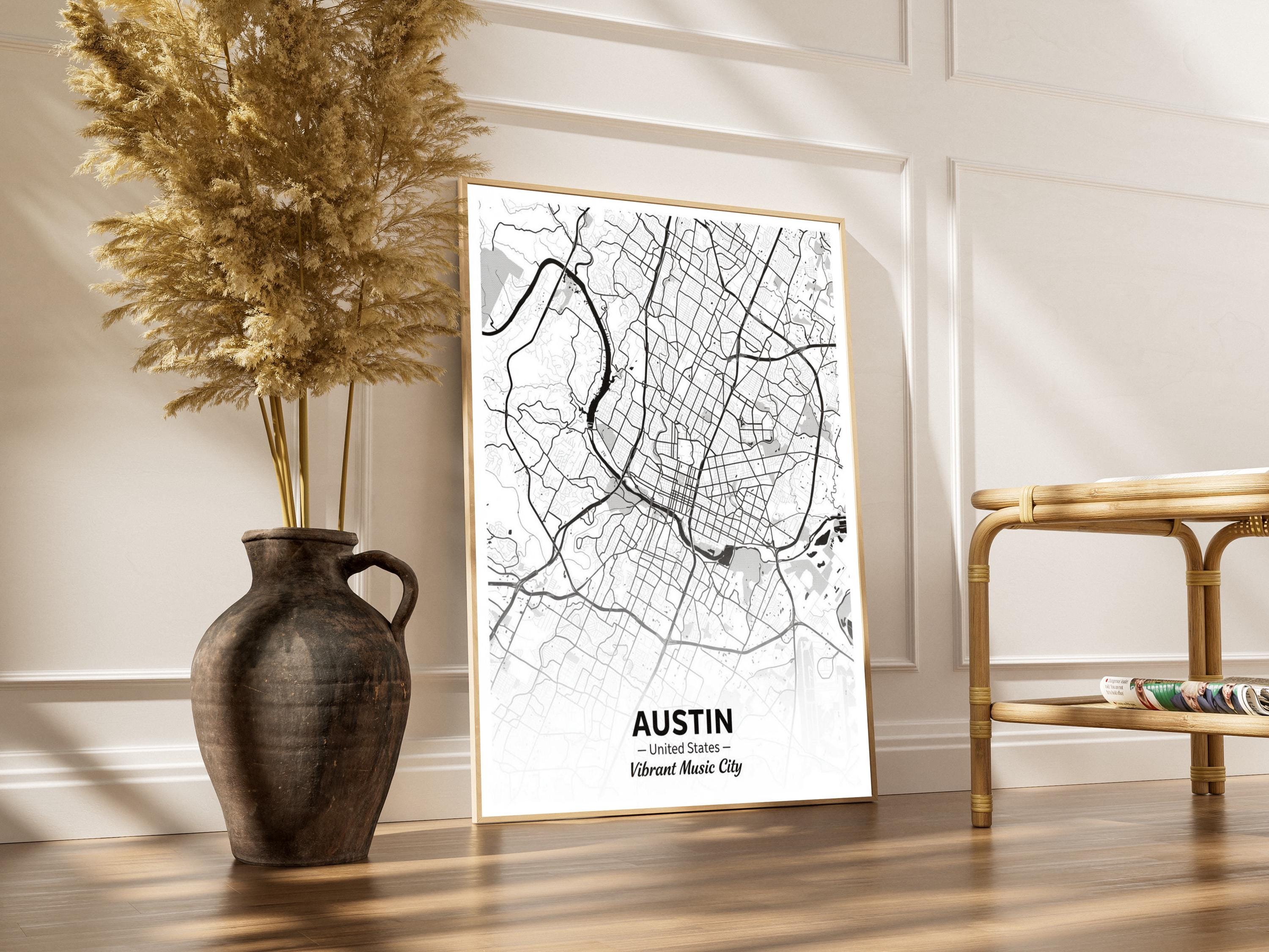 Austin Art Print – Minimalist City Map, Black and White, Vibrant Music City
