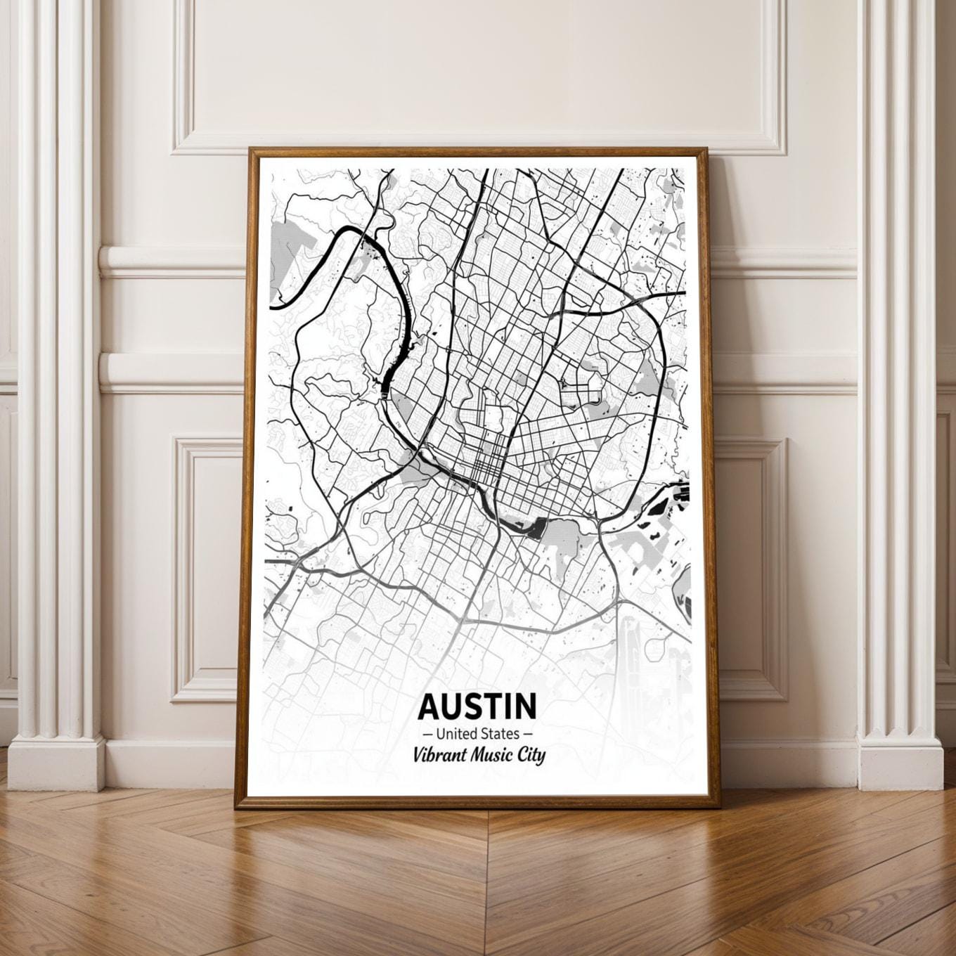 Austin Art Print – Minimalist City Map, Black and White, Vibrant Music City