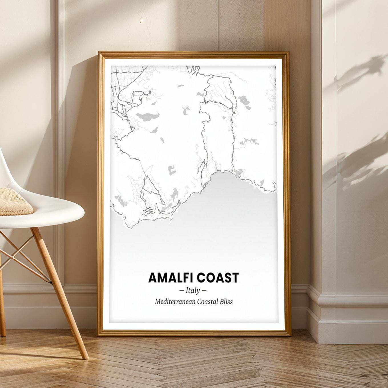 Amalfi Coast Art Print – Minimalist, Mediterranean Coastal Bliss, Blue and Cream